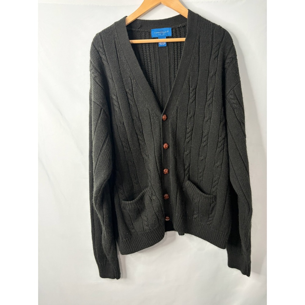 VTG Towncraft Cable Knit Cardigan Sweater Men XXL Black Old Money Grandpa Cobain